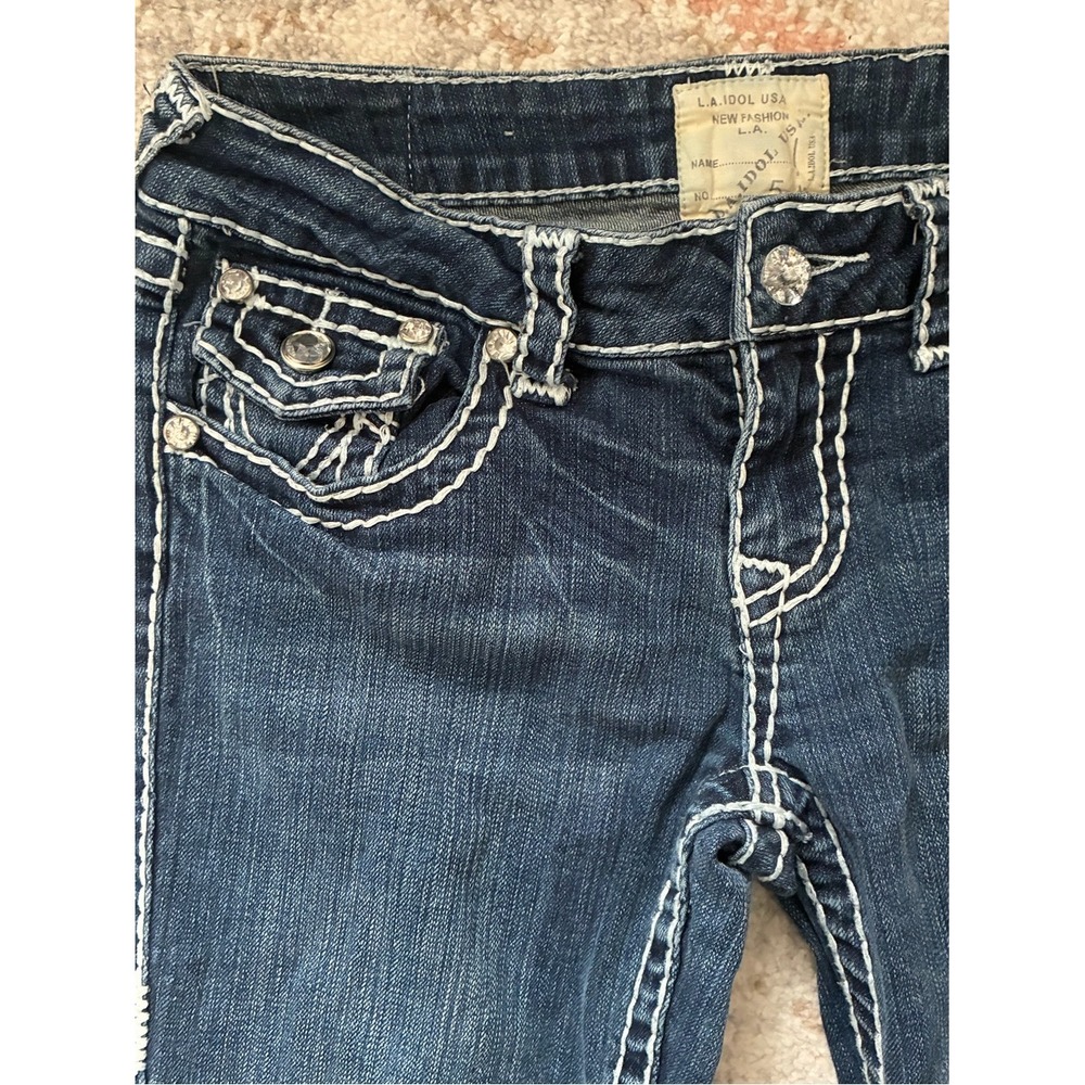L.A. Idol USA Heavy Stitch Flare Jeans Low Rise Dark Wash Y2K Western Size 5 - Picture 7 of 8